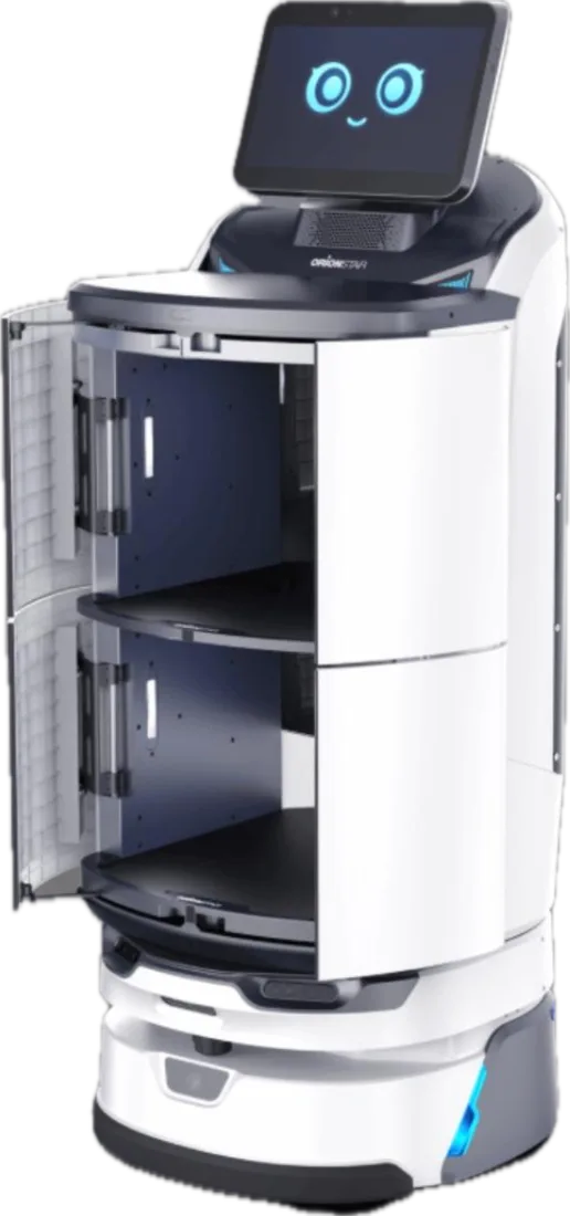 LuckiBot Pro Autodoor; kapısı açık, iki kapalı bölmeli beyaz teslimat robotu