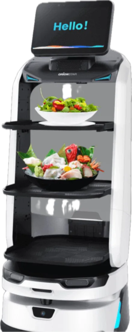 LuckiBot Pro; tepsilerinde salata ve yemek taşıyan, ekranında "Hello!" yazan servis robotu